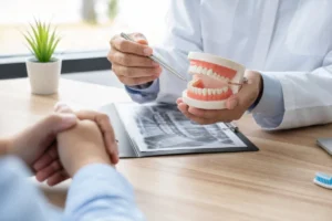 Professional dentist explaining dental anatomy using plastic jaw model and pen during patient consultation in modern clinic with dental xray and toothbrush on desk